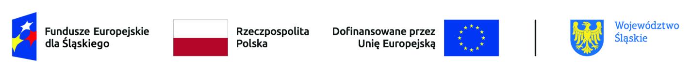 Logotypy programu Fundusze Europejskie dla Śląskiego: od lewej symbol Funduszy Europejskich, flaga Rzeczypospolitej Polski, flaga Unii Europejskiej z dopiskiem "Dofinansowane przez Unie Europejską" i znak Województwa Śląskiego 