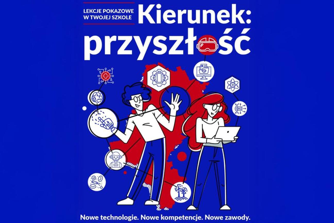 Pilot projektu lekcji przyszłości w szkole województwa śląskiego, skupiający się na nowych technologiach i kompetencjach (wygenerowano przez AI)